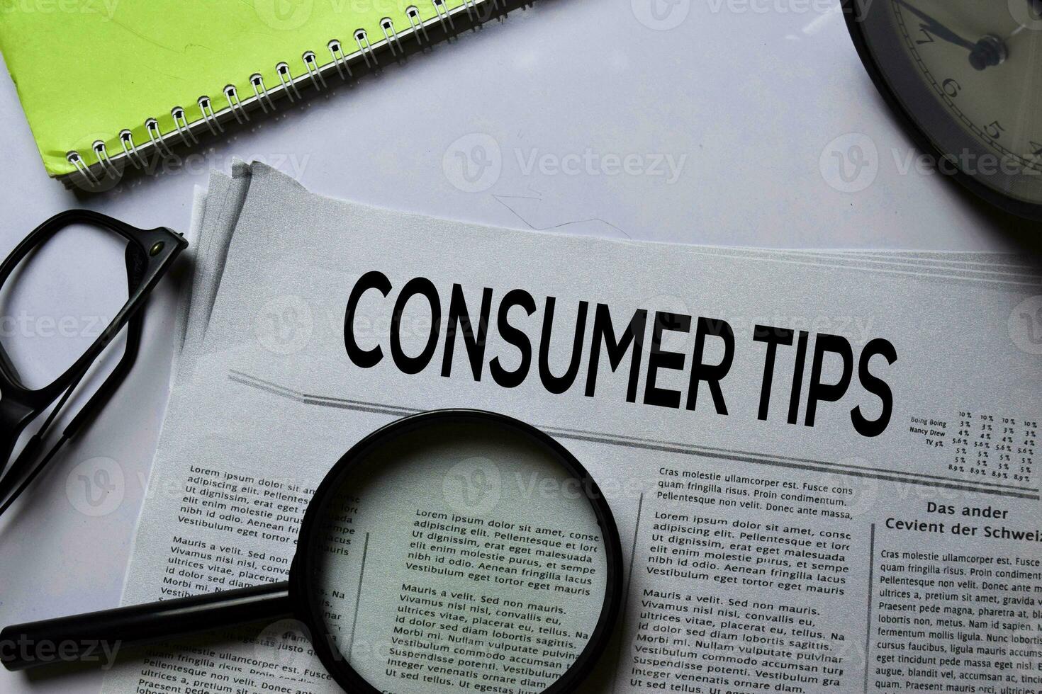 Consumer Tips text in headline isolated on white background. Newspaper concept photo