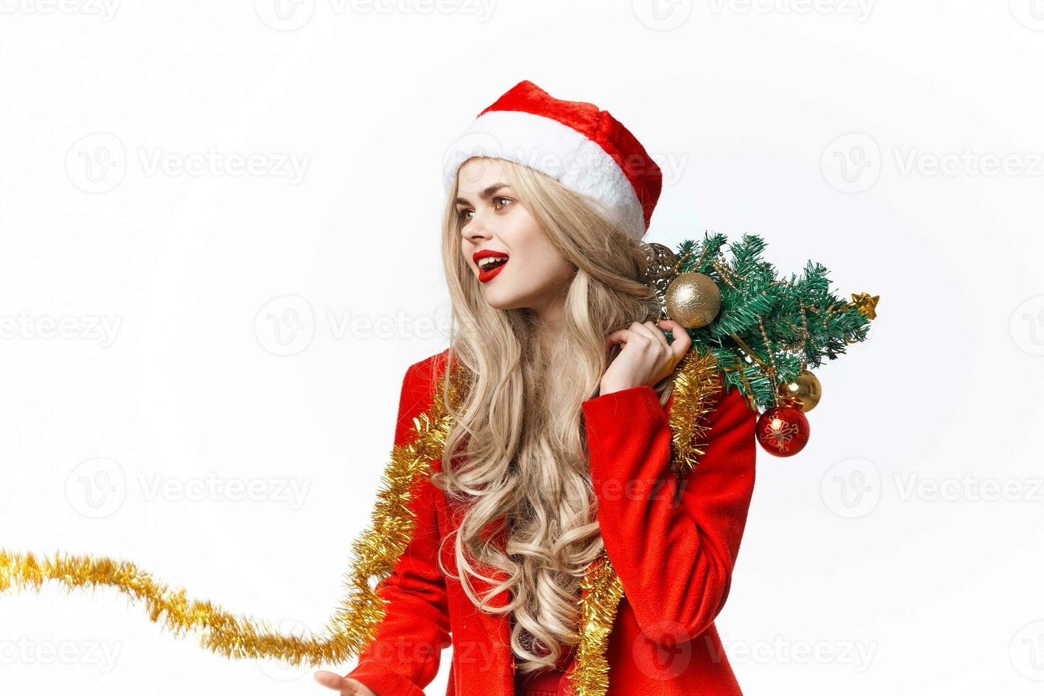 bonito mujer en Papa Noel disfraz Navidad árbol con juguetes decoración Moda foto