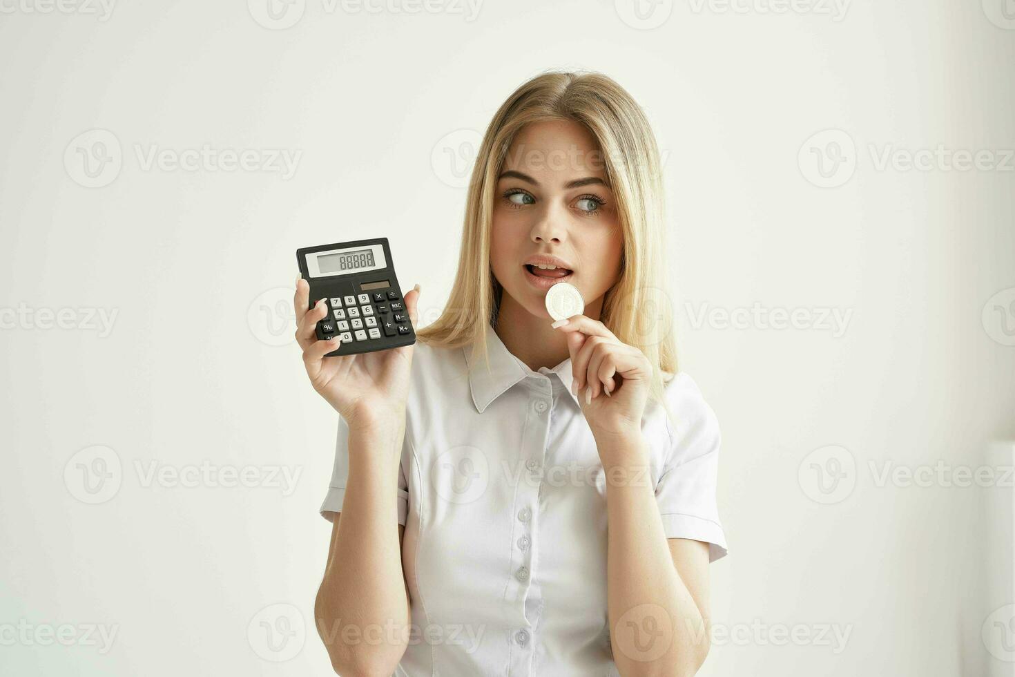 Businesswoman in a white shirt with a folder in hand light background photo