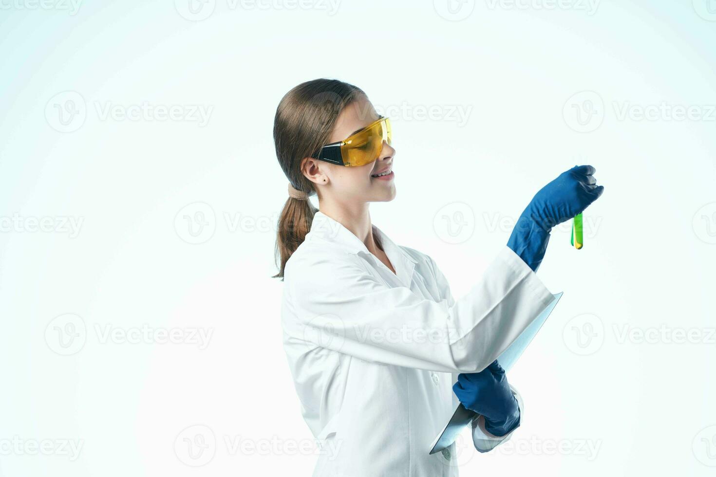 female laboratory assistant research biotechnology analysis science photo