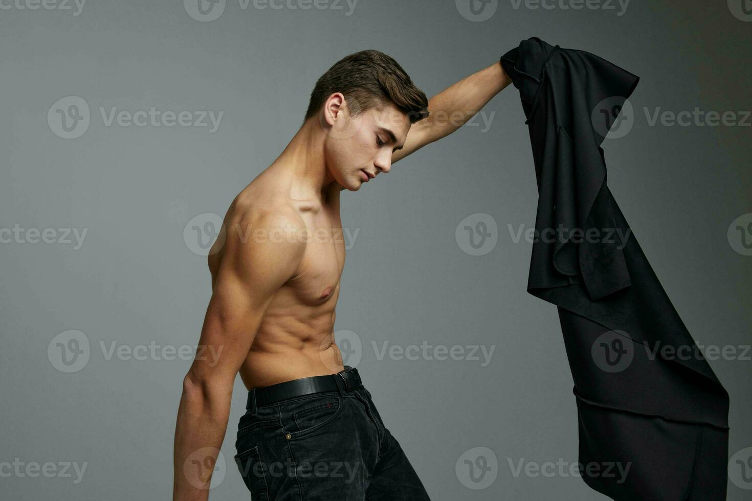 handsome man muscular torso black jacket models attractive look photo