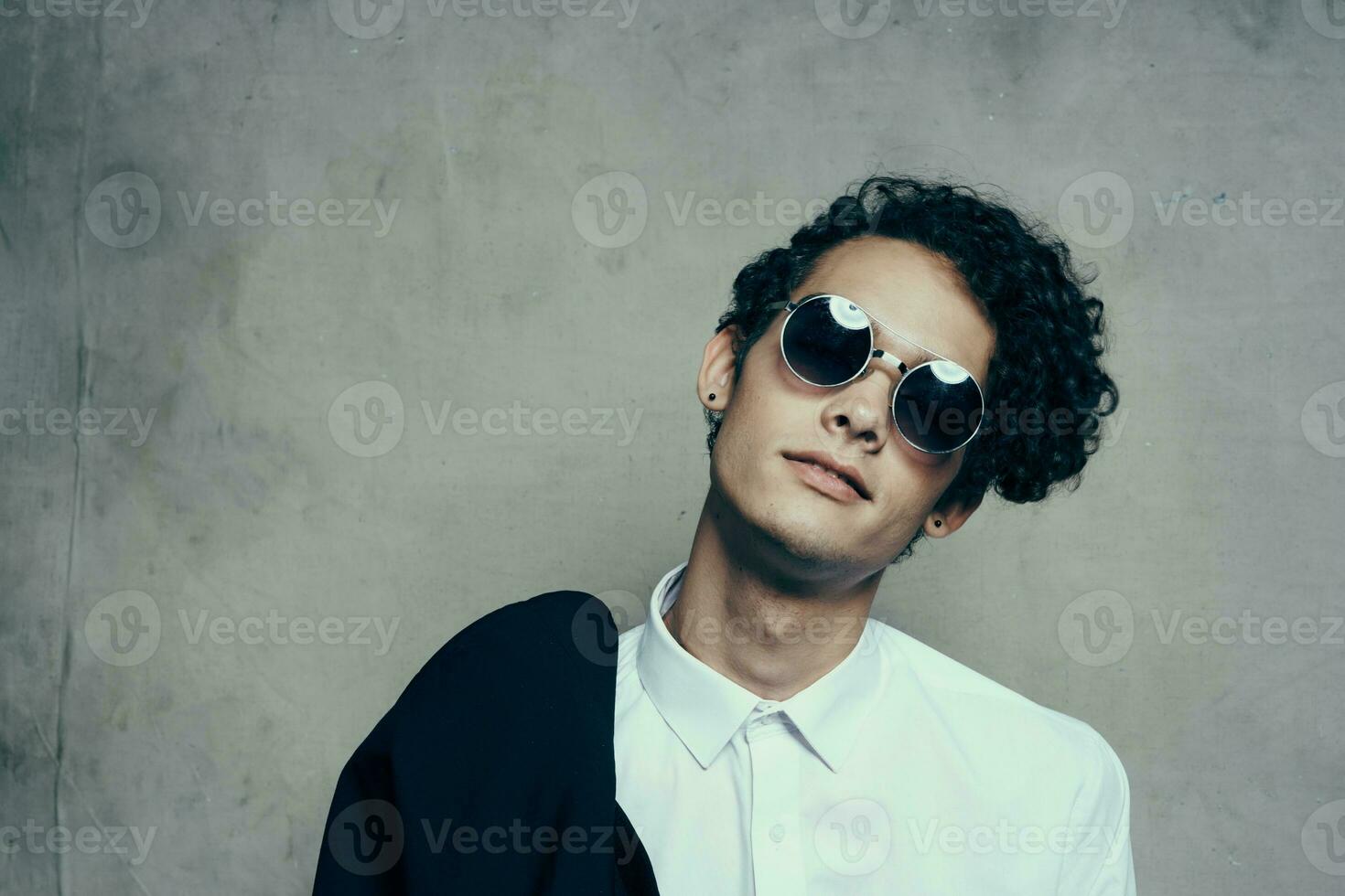 guy with curly hair teen classic suit sunglasses shirt photo