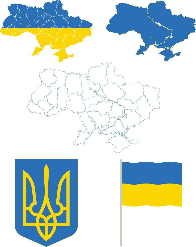 Ukraine Map, Flag and National Emblem Design illustration vector