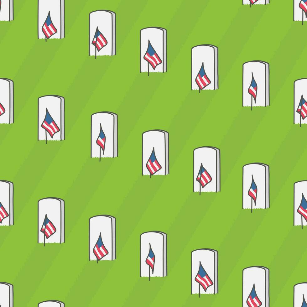 Memorial day cemetery seamless pattern with veterans headstones and us flags vector