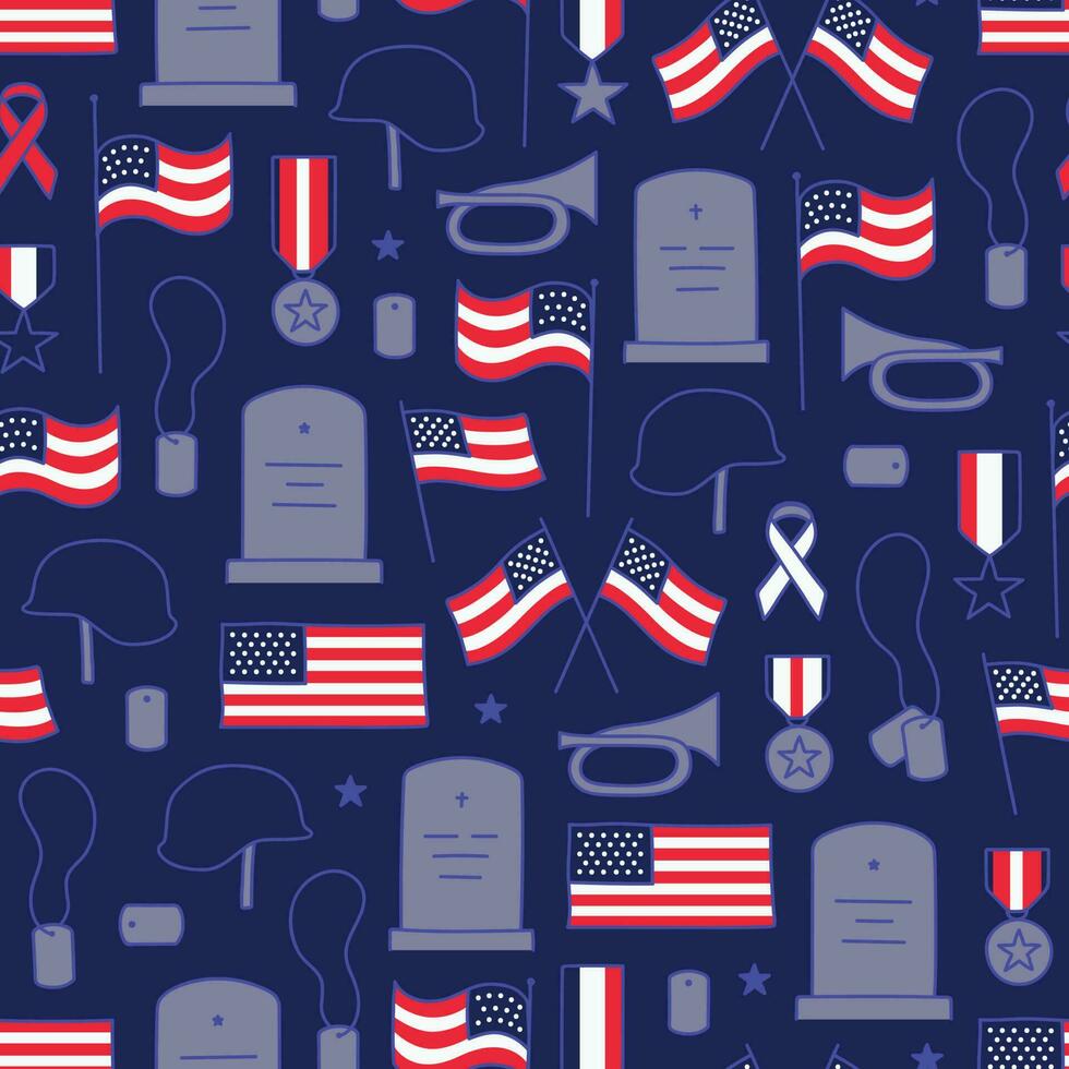 Patriotic seamless pattern for memorial day on dark blue background vector