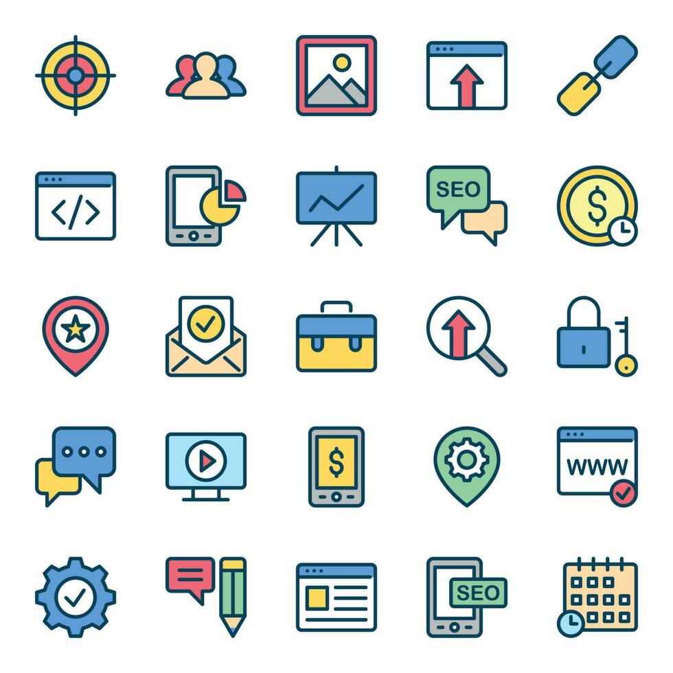 Filled color outline icons for Search engine optimization. vector