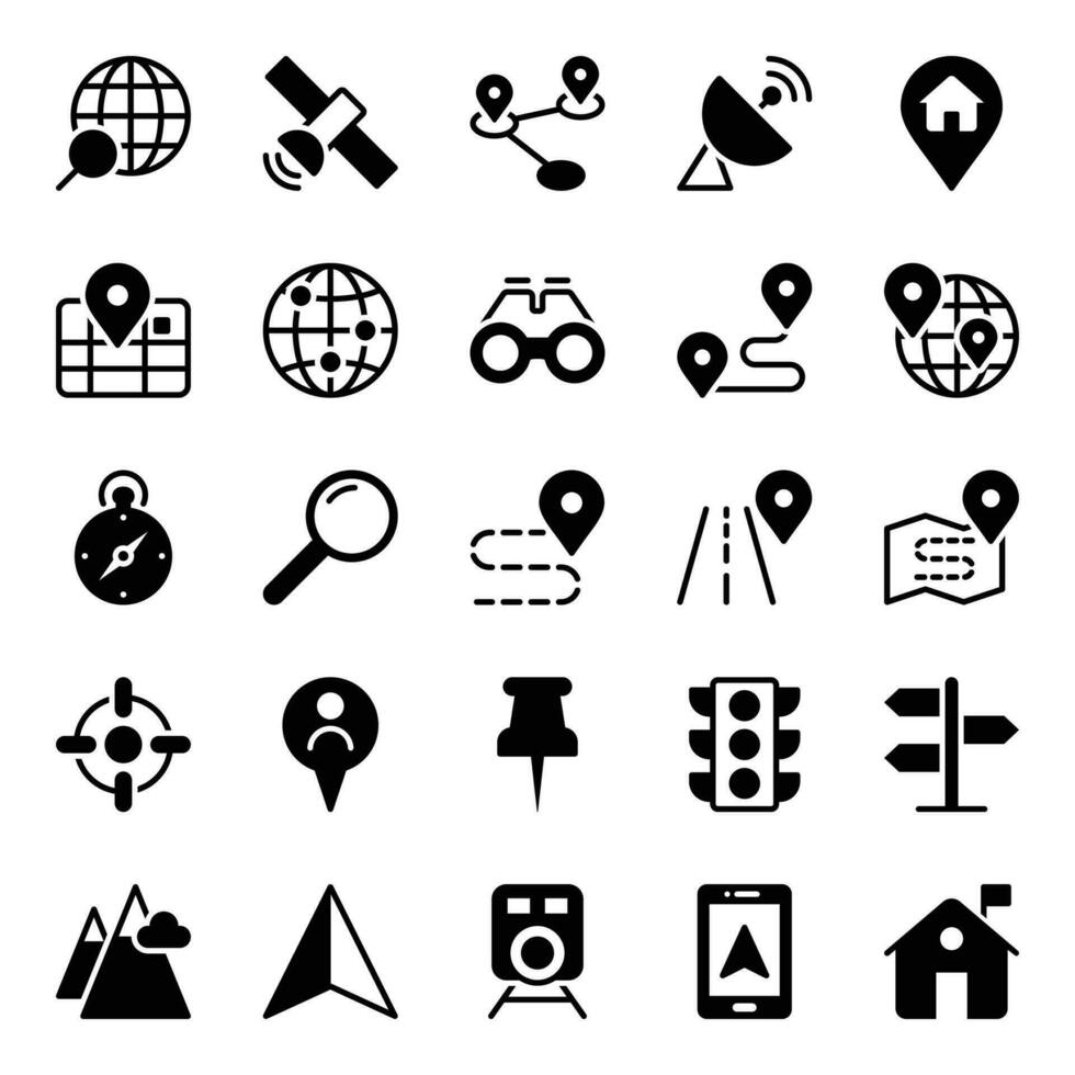 Glyph icons for Map and location. vector