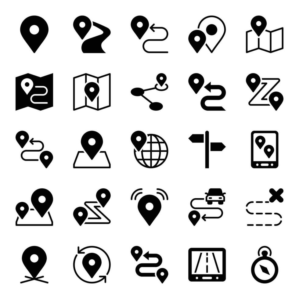 Glyph icons for Map and location. vector