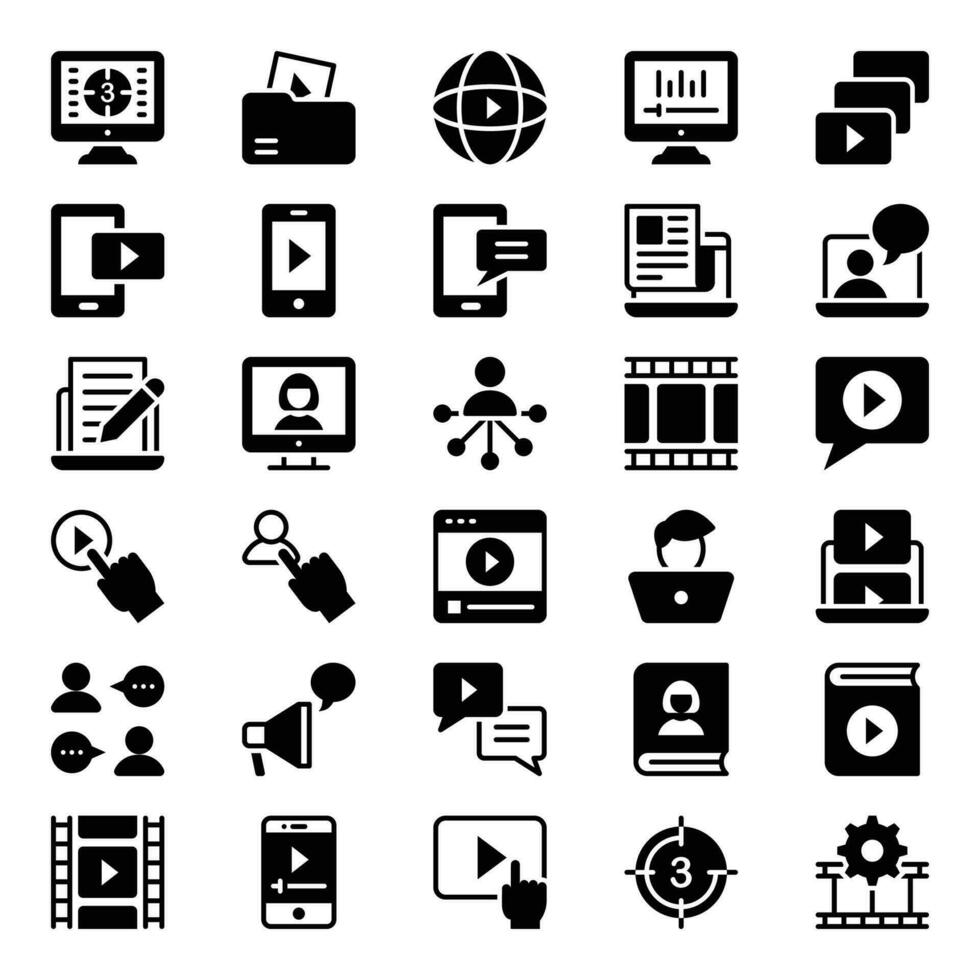 Glyph icons for Video content. vector