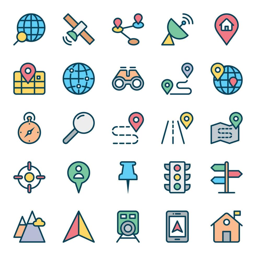 Filled color outline icons for Map and location. vector