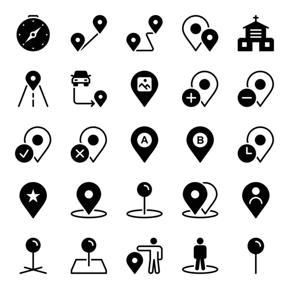 Glyph icons for Map and location. vector