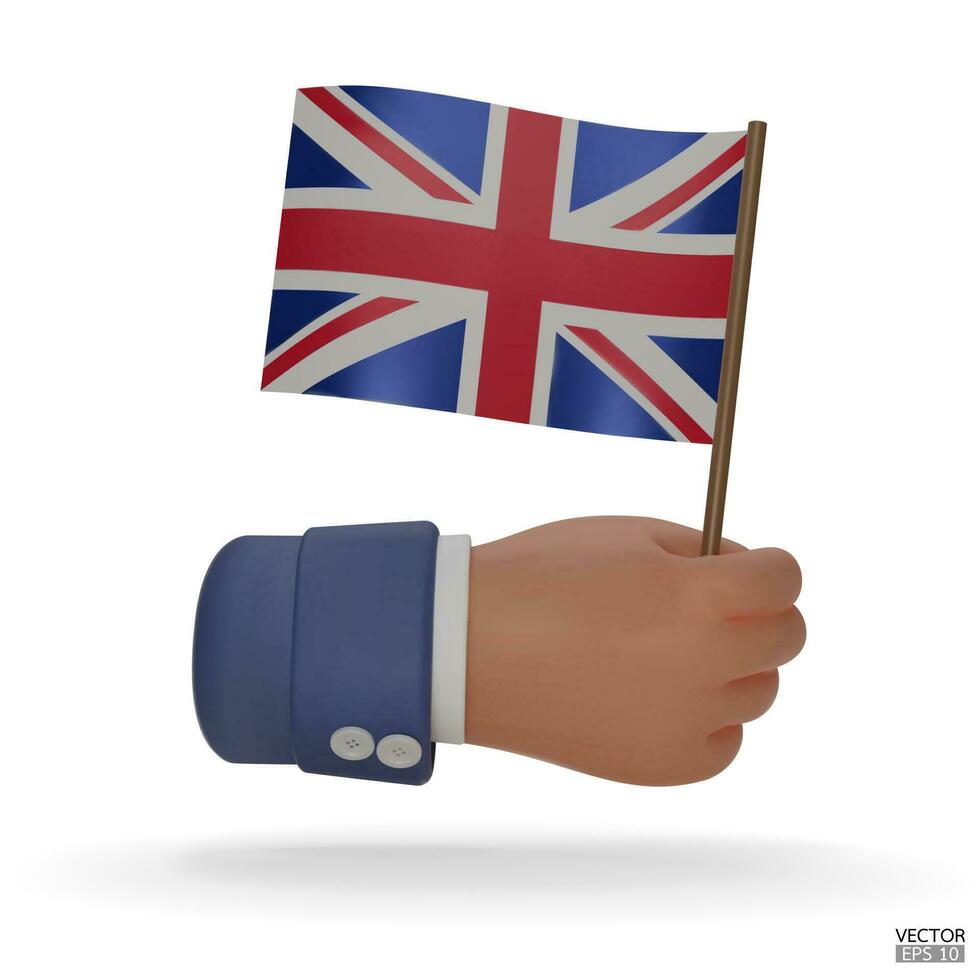 3d hand holds an United Kingdom flag icon isolated on white background. Hand with blue sleeve holding flag. 3D vector illustration.