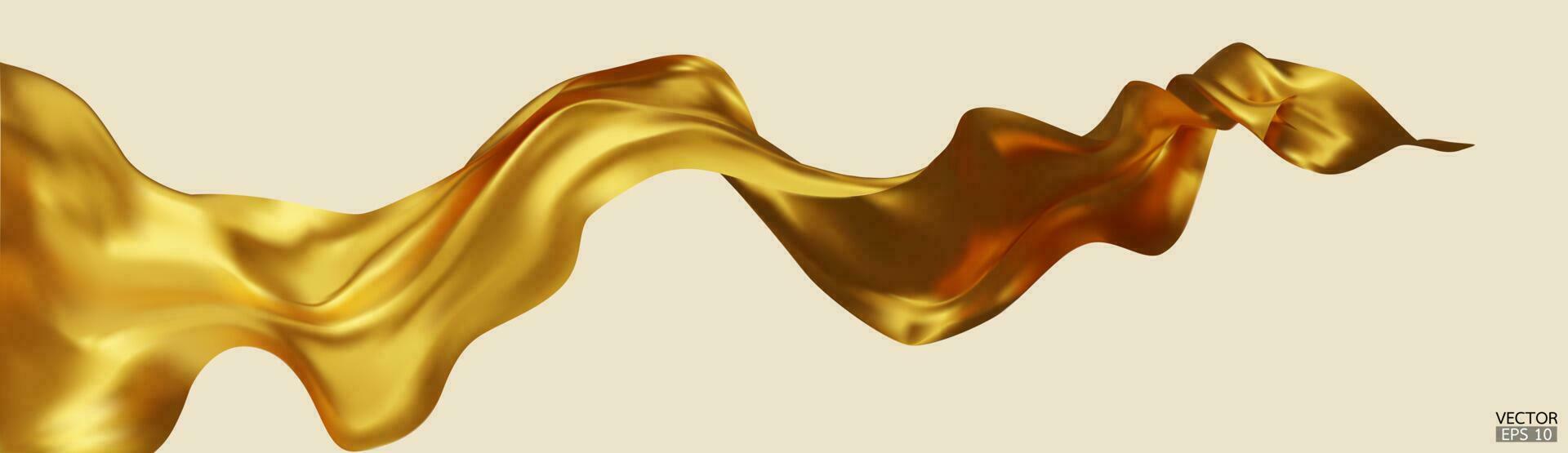 volador oro seda textil tela bandera antecedentes. suave elegante dorado satín aislado en beige antecedentes para grandioso apertura ceremonia. oro cortina. 3d vector ilustración.