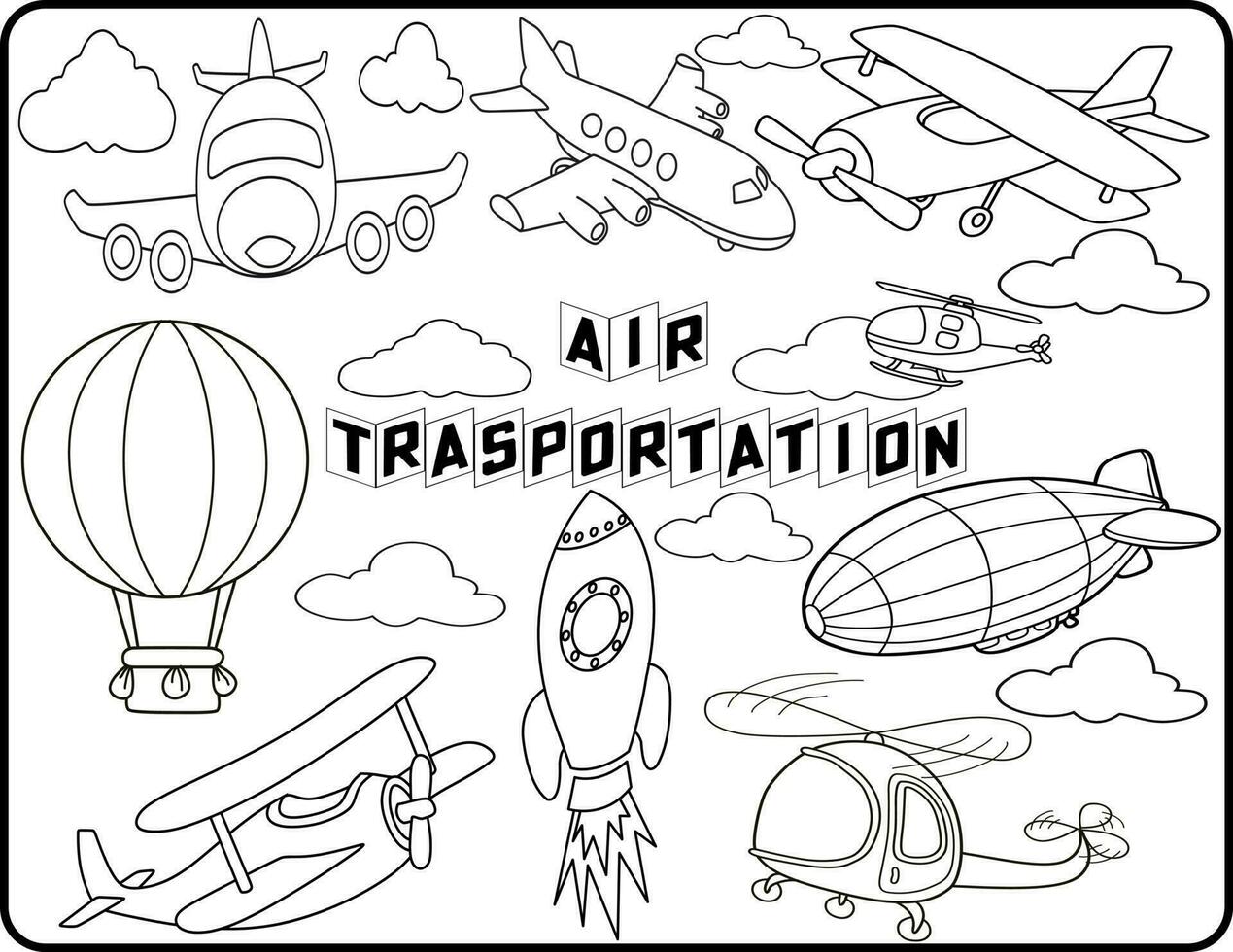 Air transport is set to be colored. coloring book to educate kids. Learn colors. visual educational game. Easy kid gaming and primary education simple level of difficulty. Coloring worksheet pages. vector