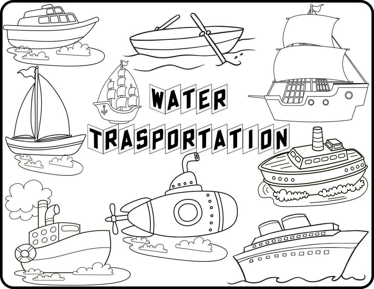 Water transport is set to be colored. coloring book to educate kids. Learn colors. visual educational game. Easy kid gaming and primary education simple level of difficulty. Coloring worksheet pages. vector