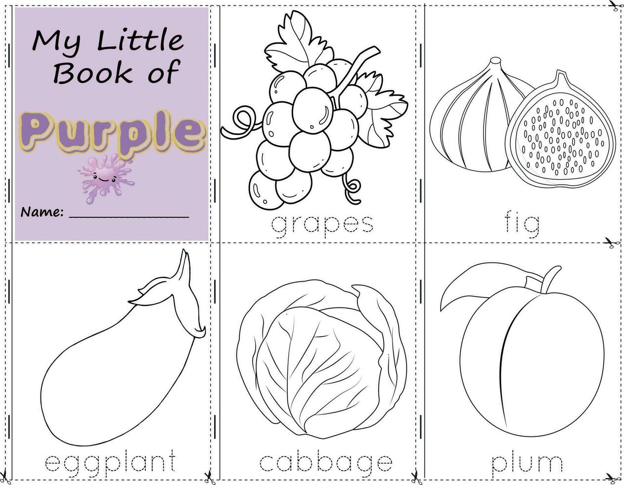 mi pequeño libro de púrpura color objetos púrpura a pintar ellos como ellos son en real vida. educación hoja de cálculo para niños. uvas, higos, berenjena, repollo, y pulm vector