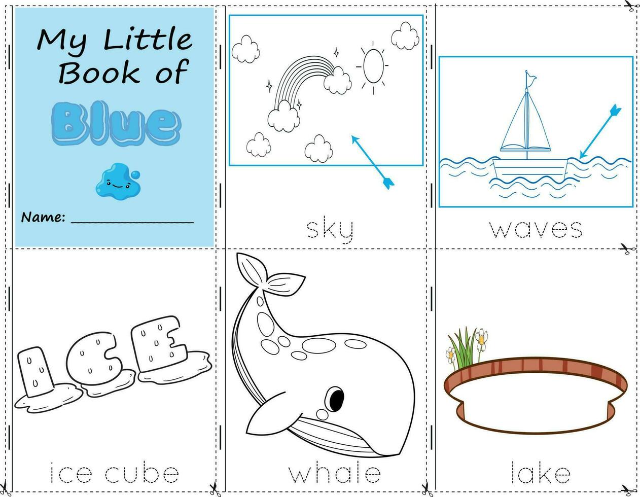My Little Book of Blue Color objects blue to paint them as they are in real life. education worksheet for children. sky, waves, ice cube, whale, and lake vector