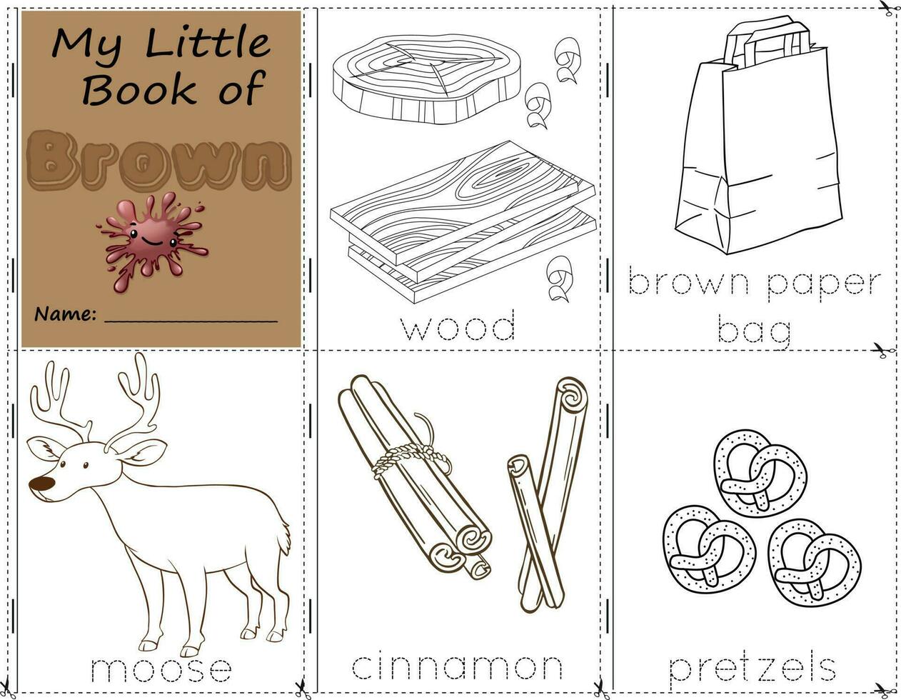 My Little Book of Brown Color objects brown to paint them as they are in real life. education activities worksheet for children. wood, brown paper bag, moose, cinnamon, and snickers vector