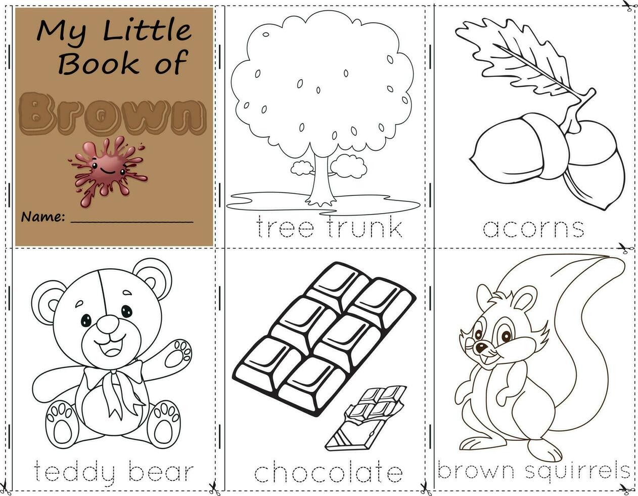 My Little Book of Brown Color objects brown to paint them as they are in real life. education activities worksheet for children. tree trunk, acorn, bear, chocolate, and squirrel vector