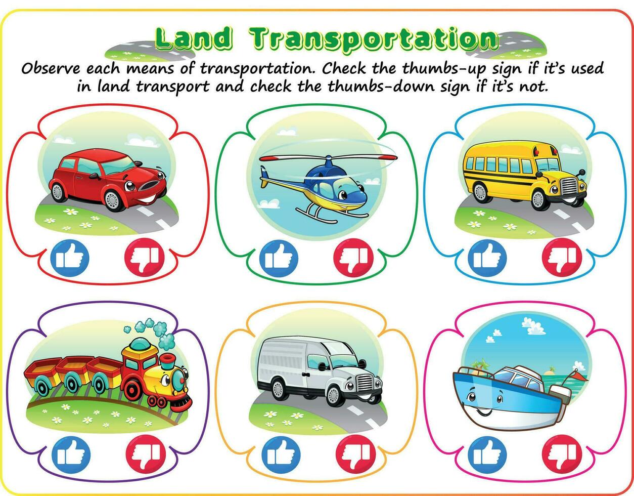 lógica tierra transporte hoja de cálculo, para niños educativo juego. escoger el correcto signo. actividad hoja de cálculo para inteligente niños. vector