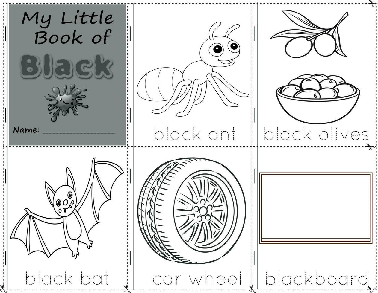 My Little Book of Black Color objects black to paint them as they are in real life. education activities worksheet for children.ant, olives, bat, wheel, and black board vector