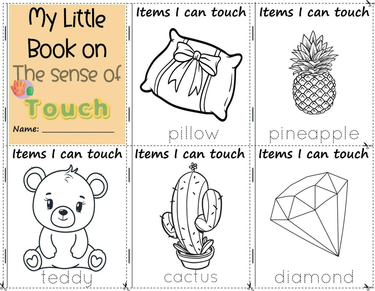 My Little Book on the sense of touch items I can touch to color them as they are in real life. education activities worksheet for children.pillow, pineapple, teddy, cactus, diamond vector