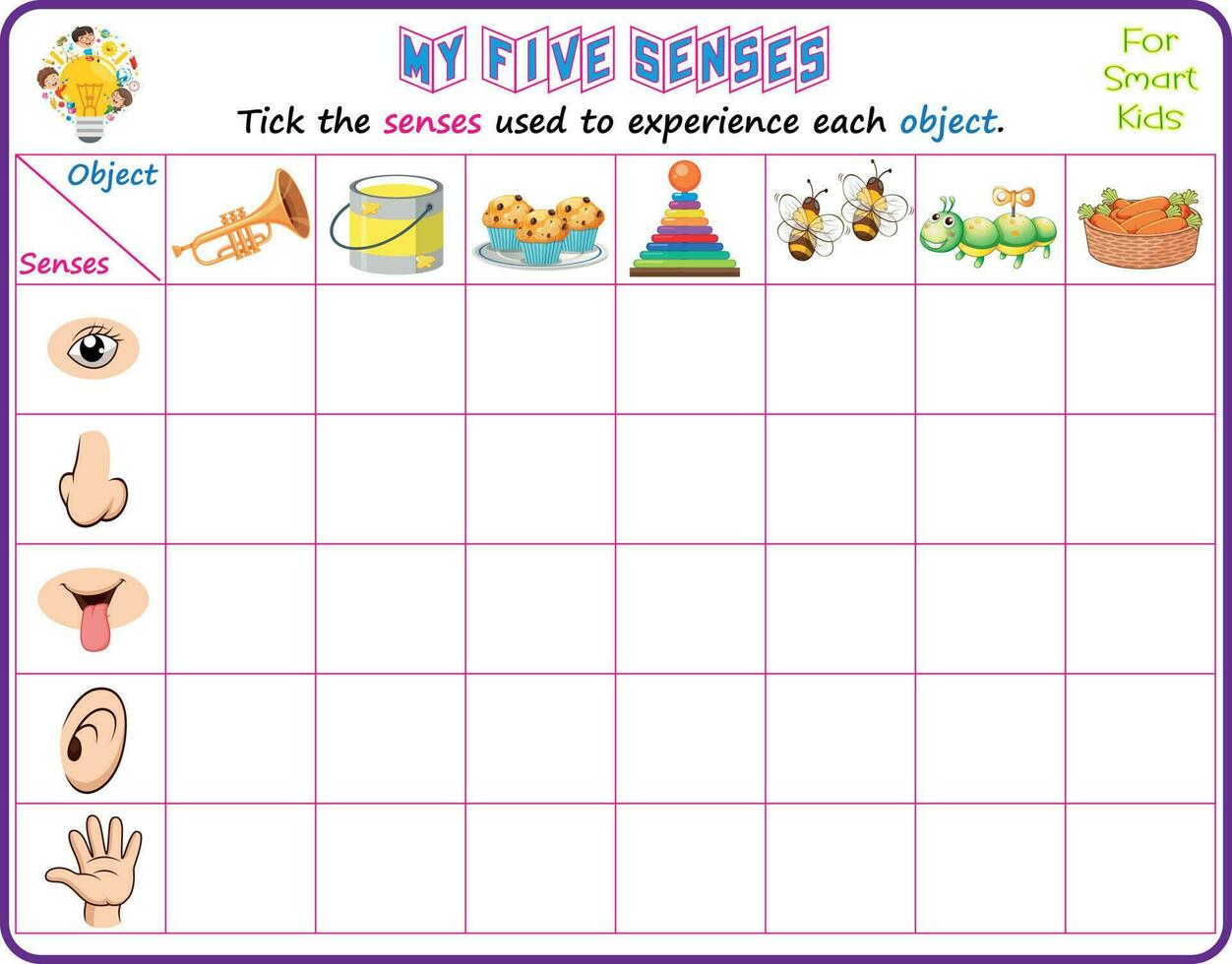 Logic educational science printable worksheet for smart kids to analyze which of the five senses could be used in recognizing the objects in the pictures and tick the appropriate senses vector