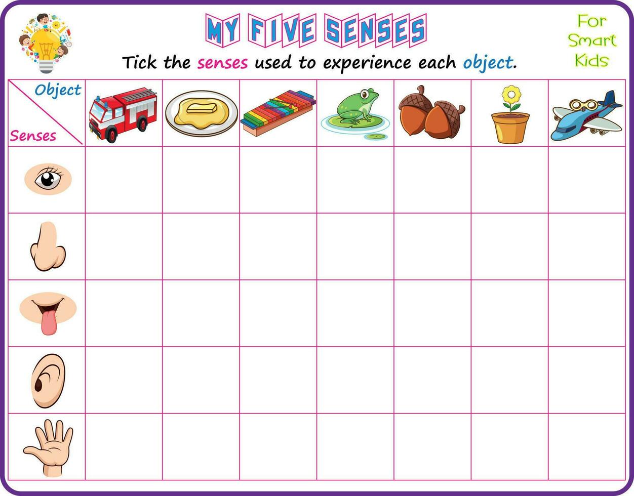 Logic educational science printable worksheet for smart kids to analyze which of the five senses could be used in recognizing the objects in the pictures and tick the appropriate senses vector