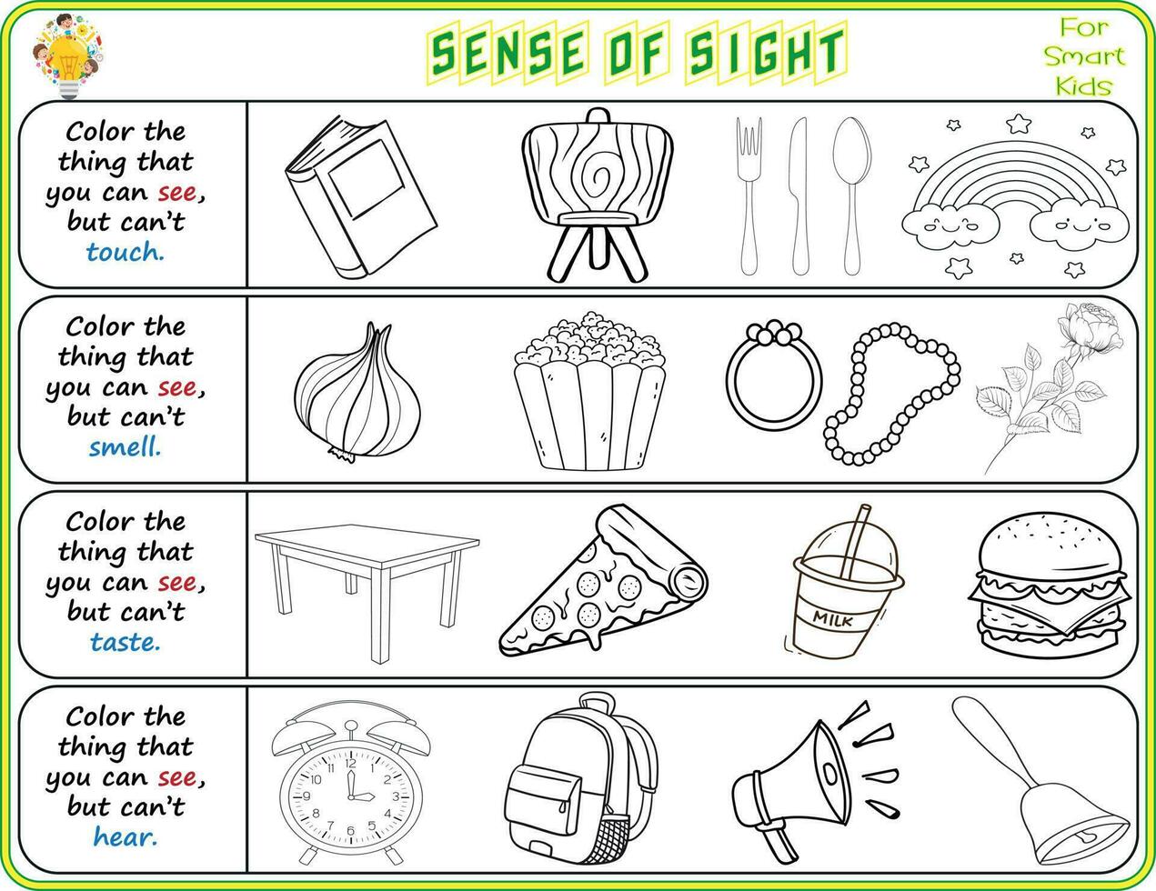 A logical printable science worksheet to help kids identify things in their environments they can see, Color the objects that they can see for kindergarten vector