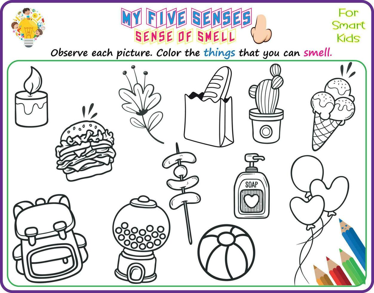 A logical printable science worksheet to help kids identify things in their environments they can smell, Color the objects that they can smell for kindergarten vector