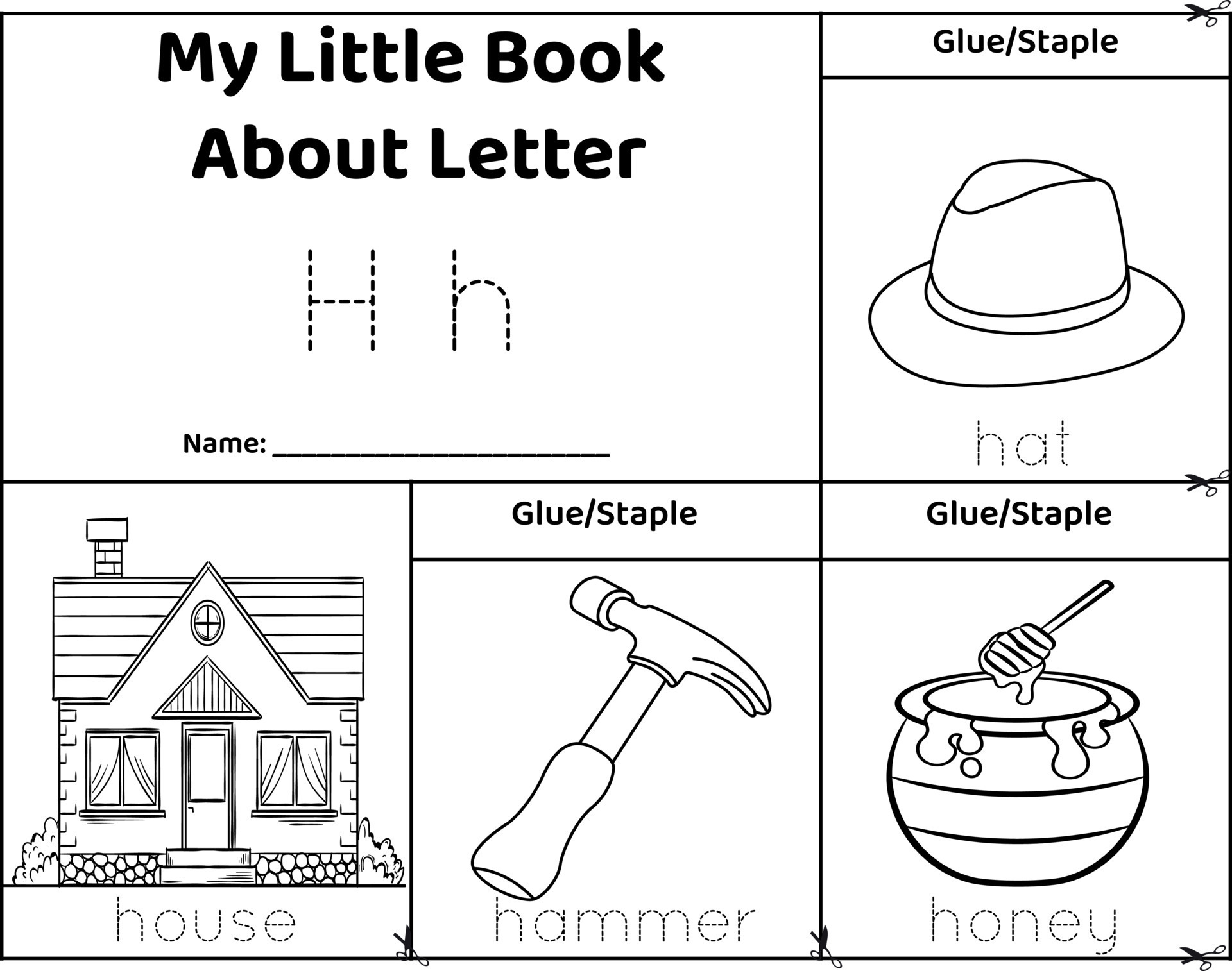 Logical printable worksheet alphabet beginning sounds flip book in black and white.Letter H, hat