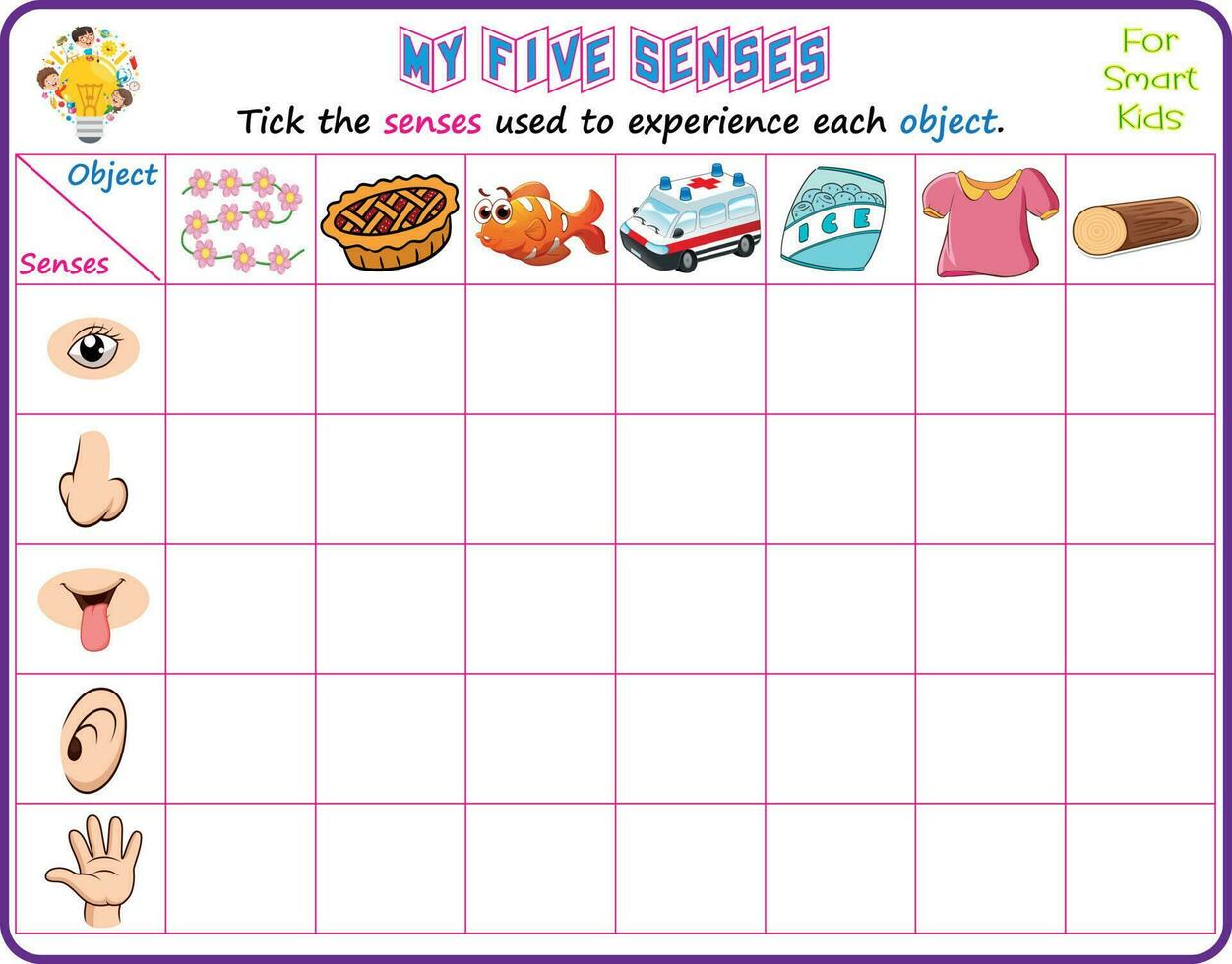 Logic educational science printable worksheet for smart kids to analyze which of the five senses could be used in recognizing the objects in the pictures and tick the appropriate senses vector