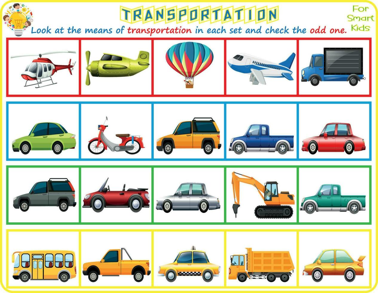 What is the odd one out for children, transport in cartoon style, fun education game for kids, kids worksheet activity, task for the development of logical thinking, vector illustration