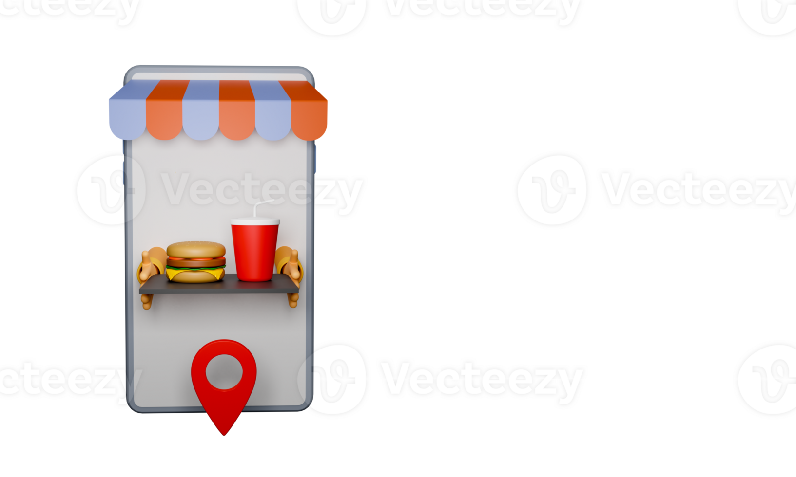 3D Render Of Online Food Delivery And Order Through Smartphone With Map Pin Element. png