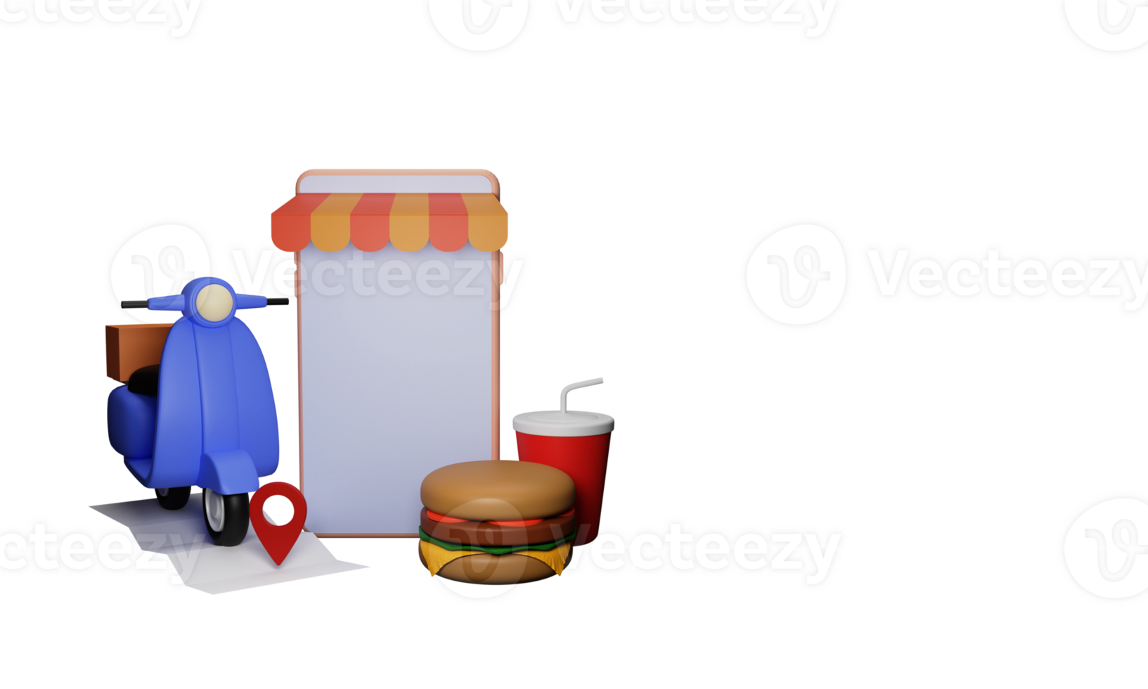 3D Render Of Online Food Delivery Concept With E-Shop In Smartphone Screen, Scooter Tracking Location. png