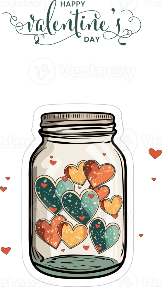 Happy Valentine's Day Concept, Sticker Style Colorful Hearts Inside Jar On Glossy Pastel Green Wavy Background. png