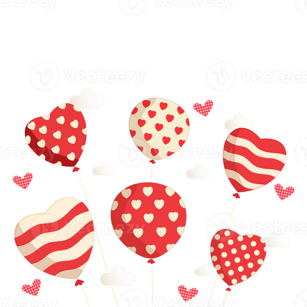 Red And White Heart Shape Balloons And Clouds.  Happy Valentine's Day Concept. png