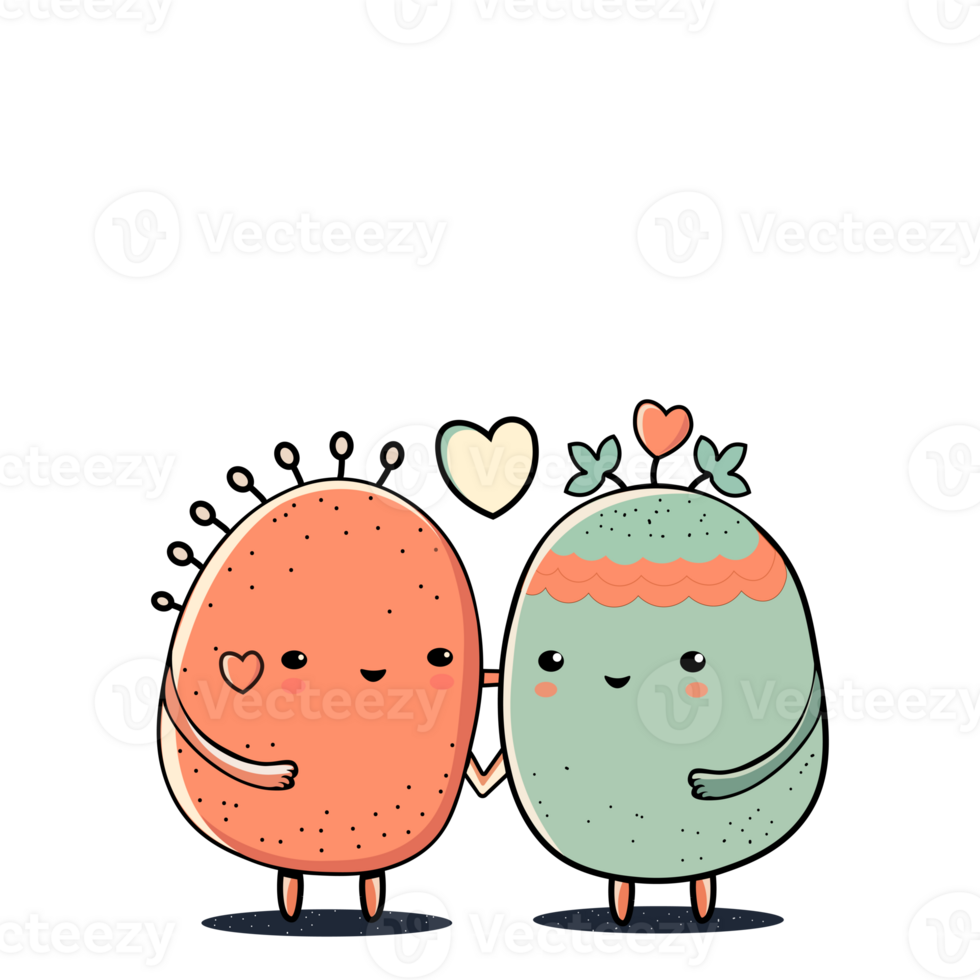 triste mascotte Patate couple personnage avec cœurs. l'amour ou la Saint-Valentin journée concept. png