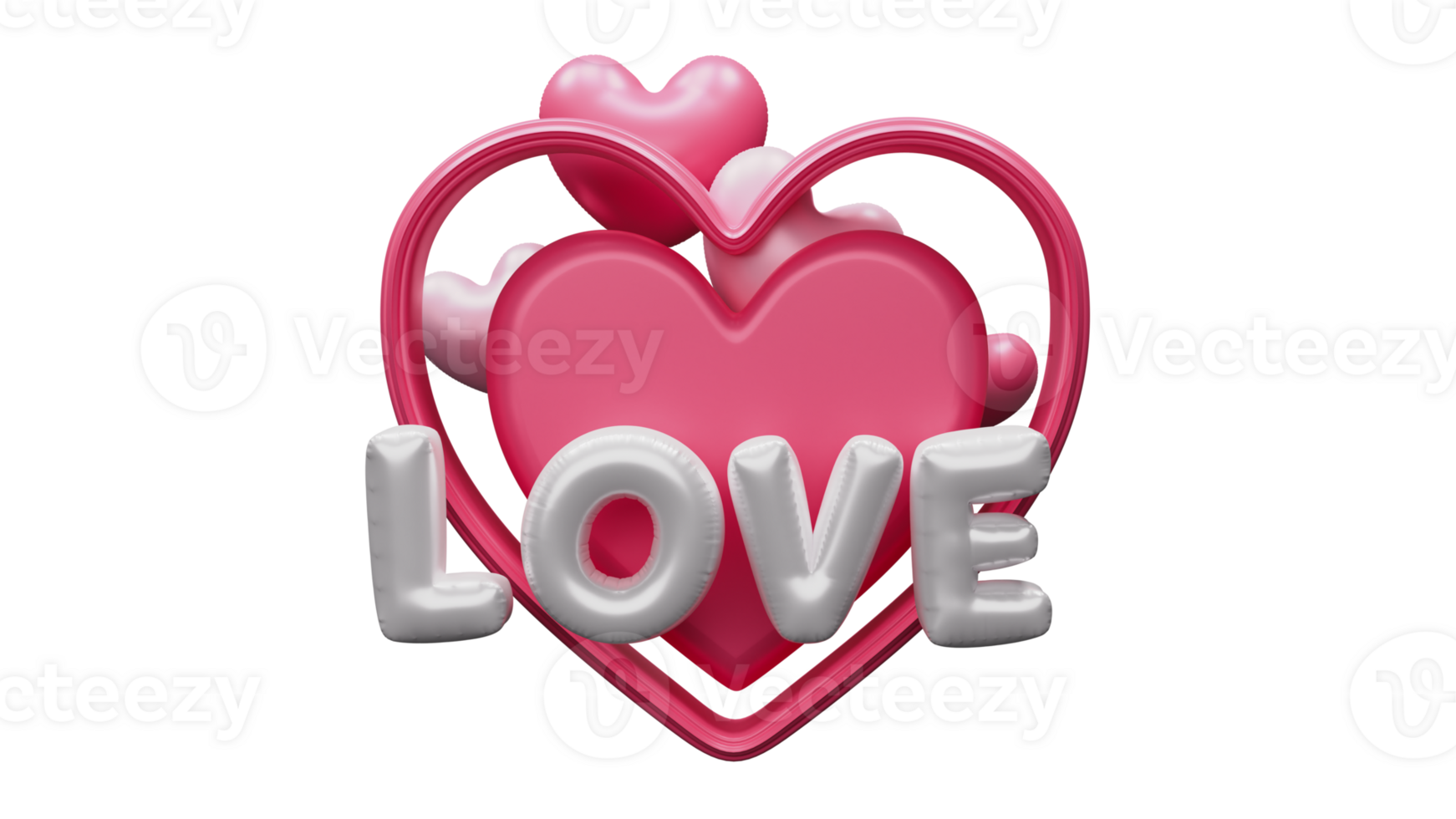 3D Render of Foil Love Text, Tiny Hearts And Heart Shape Frame Element. png