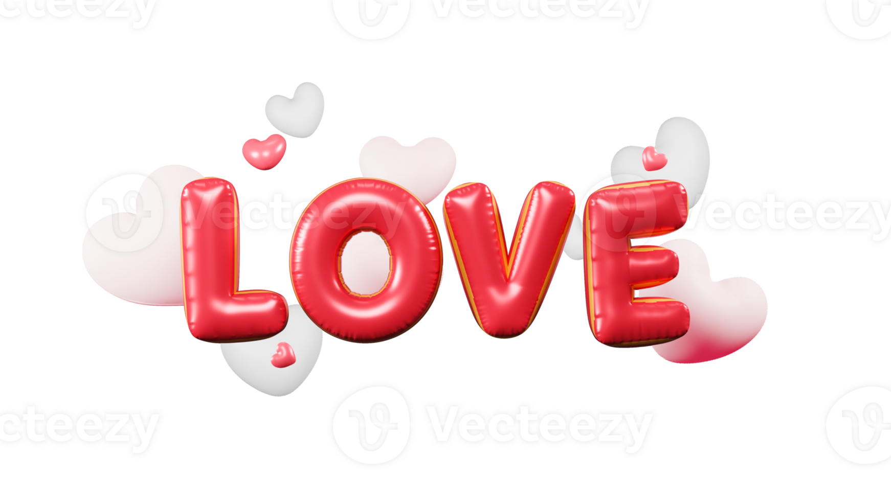 3D Render of Red Foil Love Text And Glossy Hearts. png