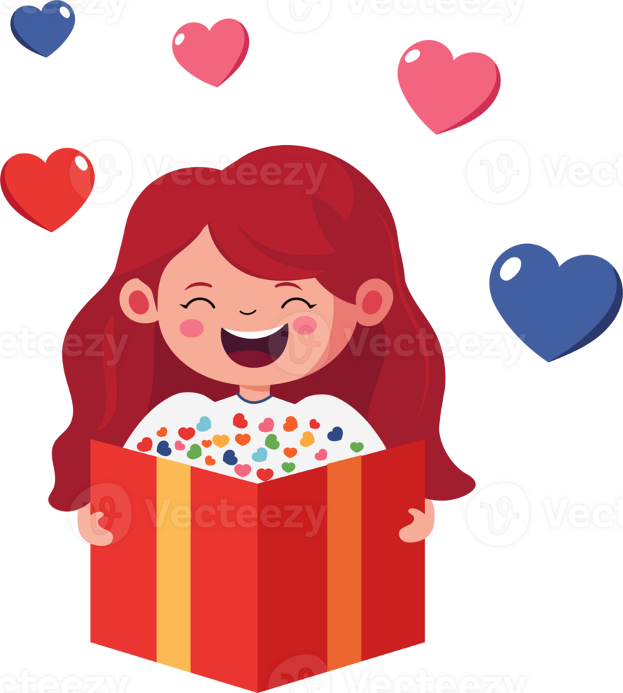 en riant fille en portant carte ou lettre avec coloré cœurs. l'amour ou Valentin concept. png