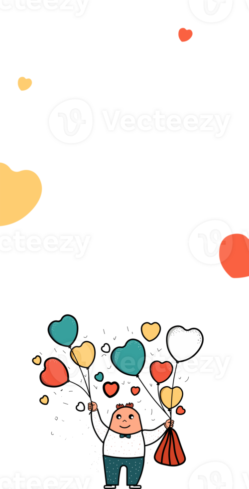 Funny Man Character Holding Colorful Heart Shape Balloons With Clouds Copy Space. Love Or Valentine's Day Concept. png