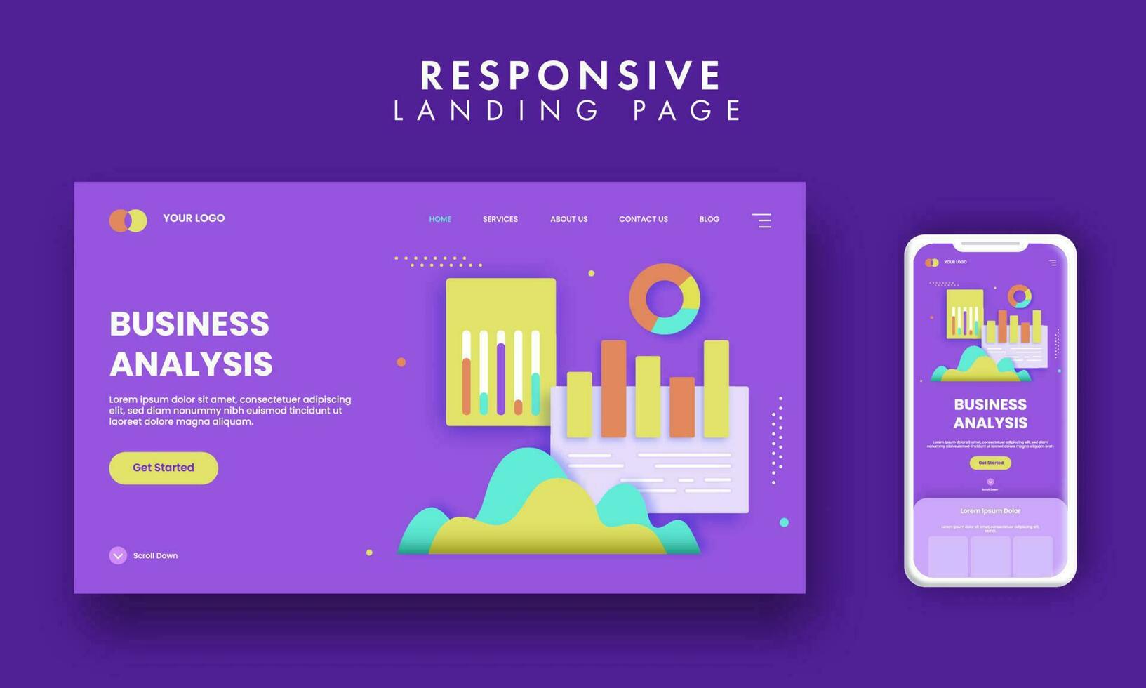 Responsive Landing Pages with Web and Mobile Presentation. vector