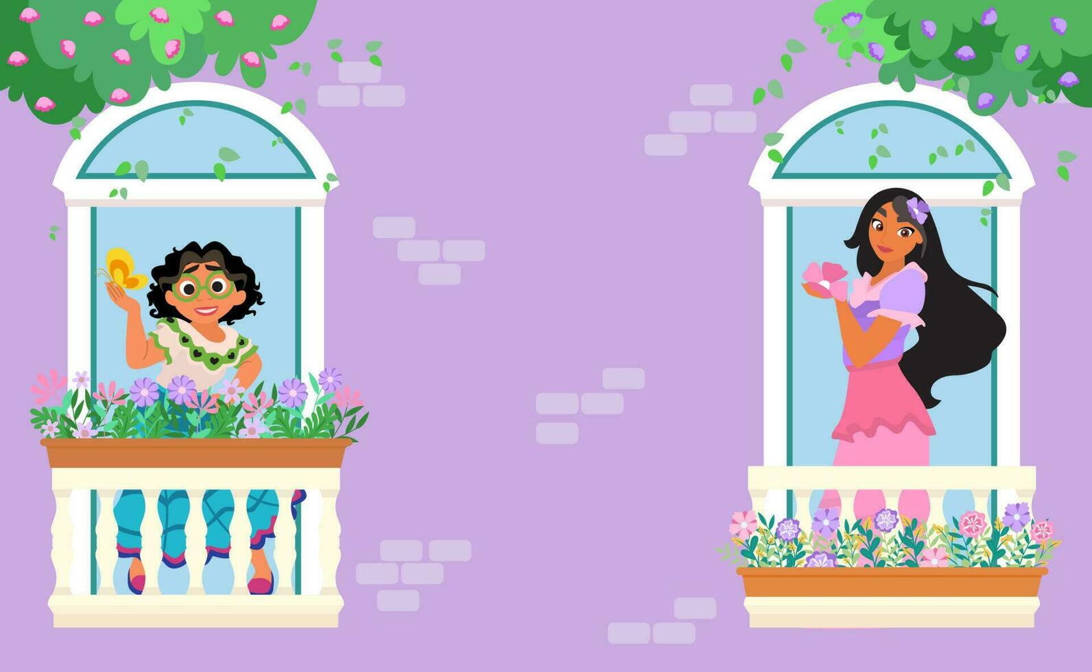 Beautiful Sisters Playing on Window Balcony vector