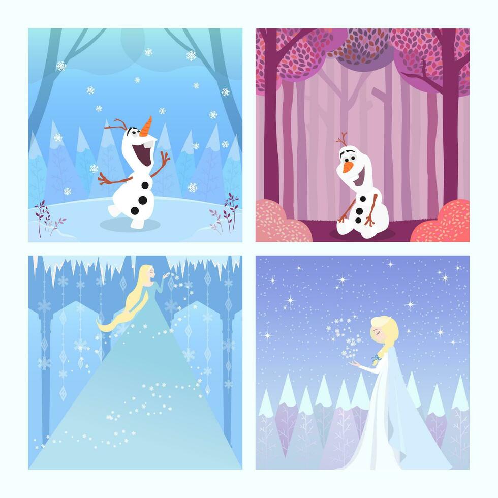 Snow Princess and Snowman in Winter Wonderland Social Media Template vector