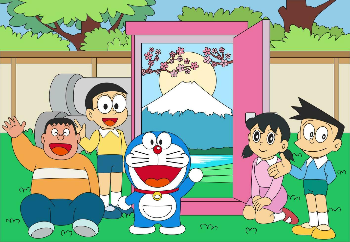 Cute Cartoon Character Open The Door Portal to Travel vector