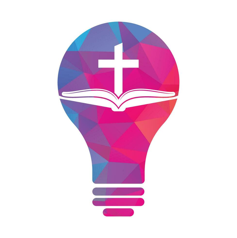 Book church bulb shape concept logo design icon. Bible Church logo design vector. Cross and Holy Bible logo. vector
