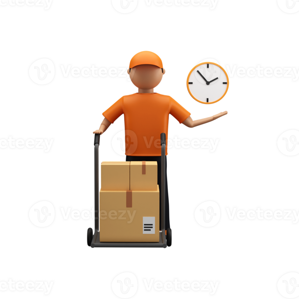 3D Render Of Faceless Delivery Boy Holding Trolley Of Boxes And Clock. png