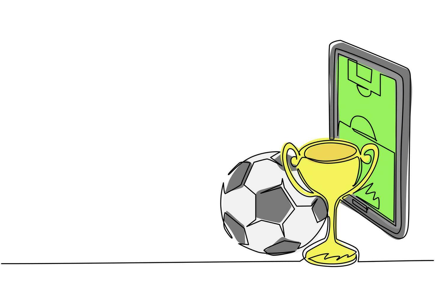 Single continuous line drawing football field on screen smartphone with soccer cup and football ball. Mobile football soccer. Mobile sports play match. One line draw graphic design vector illustration