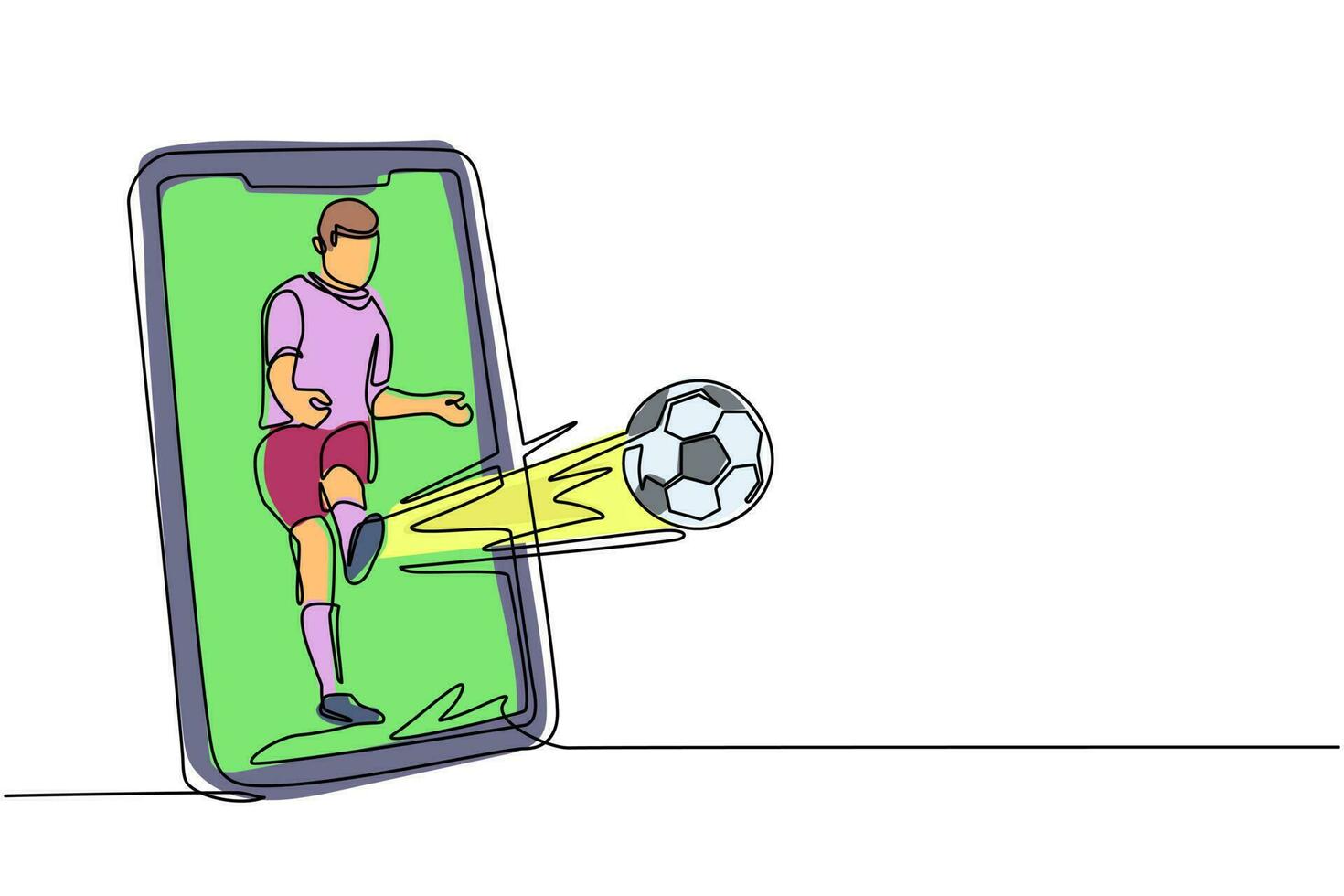 Single one line drawing soccer player kicks soccer ball out of smartphone screen. Smartphone with app soccer football. Mobile sports stream championship to play. Continuous line draw design vector